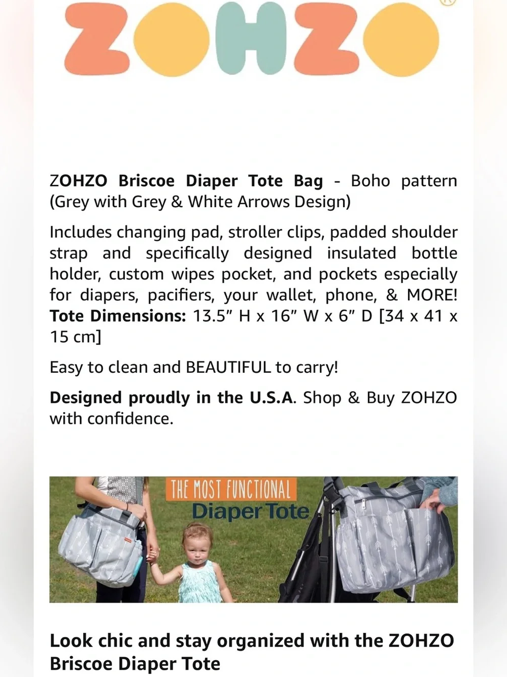 Grey Arrow-Print Diaper Bag with Changing Pad